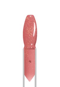 Échantillon de vernis à ongles rose brillant avec de fines paillettes dorées sur un bâtonnet d'exposition transparent, sur fond blanc.