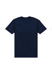 Tyrkysovo modré bavlněné tričko, krátké rukávy, kulatý výstřih, jednobarevné, hladká textura, žádné viditelné vzory nebo dekorace na zádech.