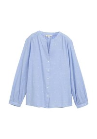 Chemise bleu clair à boutons, à manches longues, avec de subtils broderies de petits points blancs et un col mandarin. Tissu doux et léger.