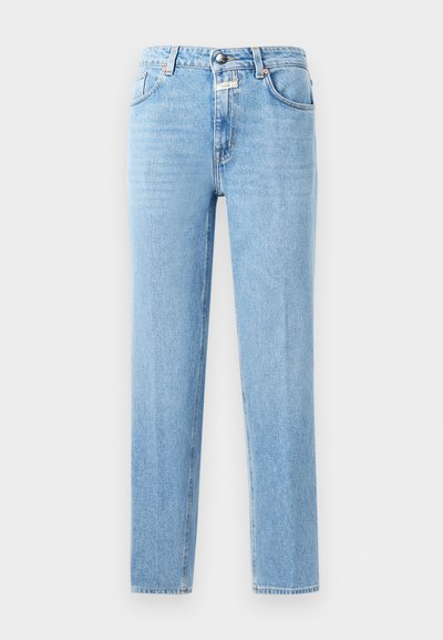 Heledad sinine teksapüksid sirge jala lõikega, viie taskuga disain ja metallist nööbiga sulgemine. Tekstureeritud kangas minimalse pleekimisega.