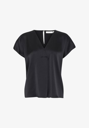 Top noir à manches courtes avec un décolleté en V et une fermeture éclair au dos. Tissu lisse et léger avec une coupe ample et des lignes épurées.