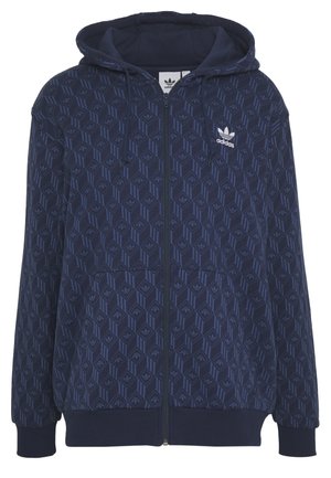 Navyblauwe Adidas zip-up hoodie met geometrisch patroon, trekkoorden aan de capuchon, voorzakken en wit Adidas-logo op de linkerborst.