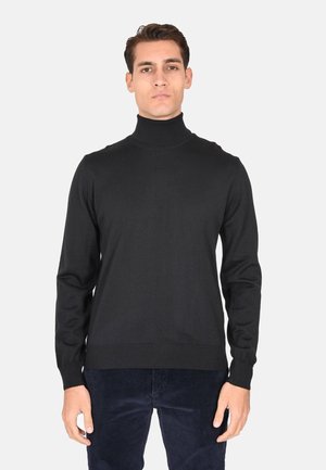 Maglione a collo alto nero con maniche lunghe, realizzato in un tessuto leggero e liscio. Presenta un collo e polsini a coste.