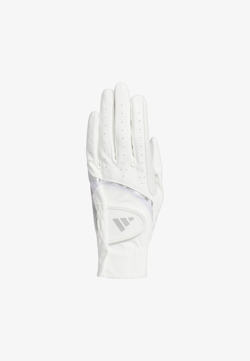 Gant de golf blanc en cuir synthétique avec des doigts perforés pour la respirabilité. Présente une texture antidérapante et un accent avec un logo.