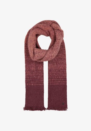 Knitted scarf transitioning from light mauve to deep burgundy, featuring a textured pattern and fringe edges with a small logo accent.