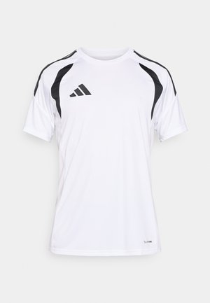 Biała sportowa koszulka z czarnymi akcentami, krótkimi rękawami, okrągłym dekoltem i teksturowaną tkaniną. Na piersi znajduje się logo Adidas.