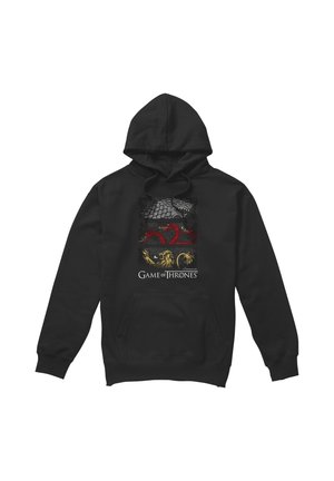 Black hoodie with Game of Thrones graphic featuring Stark direwolf, Targaryen three-headed dragon, and Lannister lion sigils.