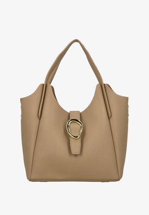 Borsa a mano in pelle color cuoio con finitura strutturata, dotata di due manici larghi, un dettaglio centrale in tono dorato e un design moderno e strutturato.