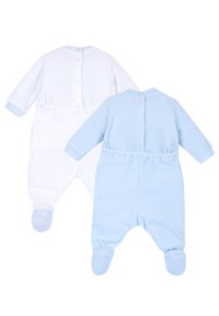 Twee babyrompers in wit en lichtblauw. Gemaakt van zachte stof met drukknoopjes op de rug en elastische boorden bij de mouwen en voeten.