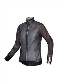 Chaqueta de ciclismo en negro y gris con cuello alto, cremallera frontal y mangas de malla. Cuenta con franjas reflectantes en los puños y un diseño ligero.