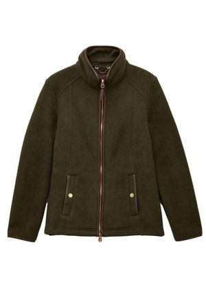 Chaqueta polar verde oscuro con cremallera, cuello alto y dos bolsillos frontales con botones de presión.