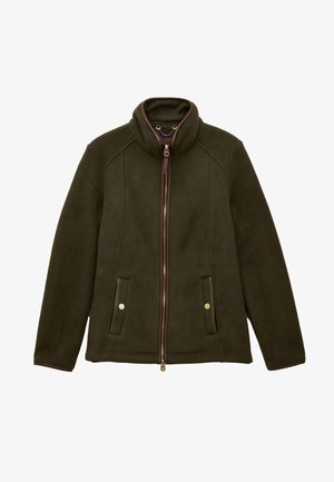 Tmavozelená fleecová bunda na zips s stojatým golierom a dvoma prednými vreckami na patentky.
