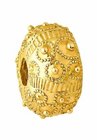 Encanto de cuentas de oro con superficie texturizada que presenta patrones circulares, puntos en relieve y acentos rayados; acabado suave con un centro hueco.