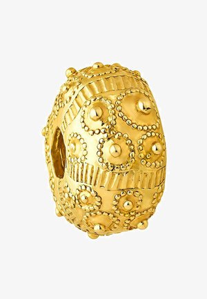 Encanto de cuentas de oro con superficie texturizada que presenta patrones circulares, puntos en relieve y acentos rayados; acabado suave con un centro hueco.