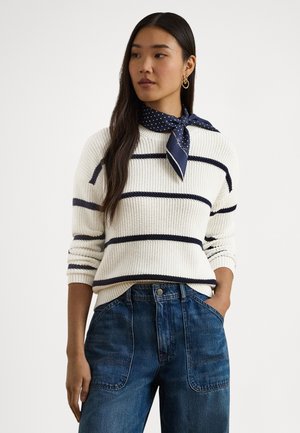 STRIPED RIB KNIT COTTON CREWNECK SWEATER - Džemperis - white/refined navy