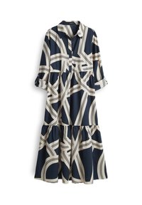 Navy blue dress with a collar, half sleeves, and a tiered skirt. Features abstract cream-colored patterns and button details. Smooth fabric.