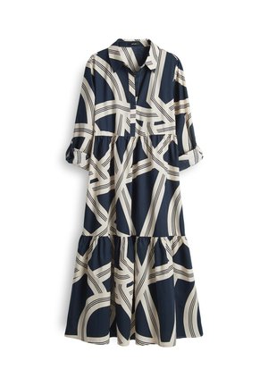 Navyblaues Kleid mit Kragen, halben Ärmeln und gestuftem Rock. Verziert mit abstrakten, cremefarbenen Mustern und Knopfdetails. Aus glattem Stoff.