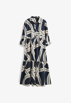 Navy blue dress with a collar, half sleeves, and a tiered skirt. Features abstract cream-colored patterns and button details. Smooth fabric.