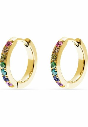 Goldene Creolen mit einer Reihe aus mehrfarbigen Kristallen, darunter Pink, Grün, Blau und Lila, in einem glatten, kreisförmigen Design.