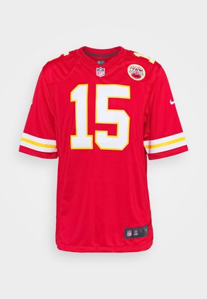 Maillot rouge des Kansas City Chiefs NFL avec le numéro 15 en blanc et jaune, avec écusson AFC et logo Nike sur les manches.