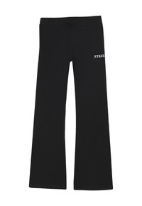 Pantaloni neri a gamba larga realizzati in morbido cotone, con vita elastica e logo "PYREX" stampato sulla coscia sinistra.