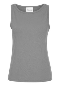 Top de tirantes gris acanalado con escote redondo, diseño sin mangas y silueta ajustada. Presenta una textura sutil con una etiqueta interior lisa.