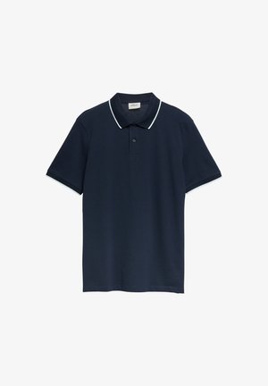 Granatowa koszulka polo z krótkim rękawem z białym wykończeniem kołnierza i krawędzi rękawów, z dwuguzikowym klinem.