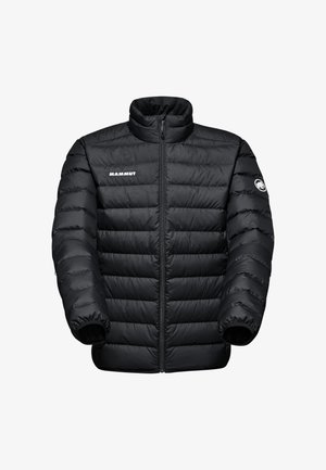 Black puffer jacket with a high collar, horizontal quilted design, elastic cuffs, and front zipper. Features logo on the chest and shoulder.