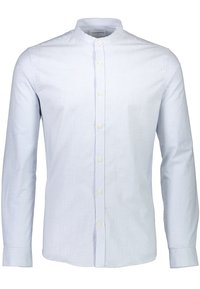 Camicia a maniche lunghe con bottoni, a righe verticali in blu chiaro e bianco. Realizzata in cotone, presenta un colletto alla coreana e polsini dritti.