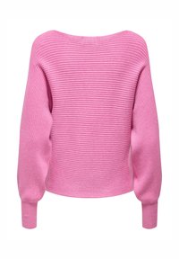 Maglione rosa a coste con scollo ampio e maniche voluminose. Realizzato in tessuto morbido, presenta righe orizzontali e polsini aderenti.