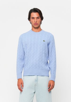 Man in een lichtblauwe kabelgebreide trui met een klein groen krokodillogo op de borst en lichte denim jeans, staande tegen een witte achtergrond.