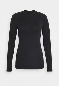 Μαύρη αθλητική μπλούζα με μακριά μανίκια, φτιαγμένη από λείο, ελαστικό ύφασ�μα. Διαθέτει ραβδωτή υφή κατά μήκος των ώμων και των πλαϊνών. Ελάχιστες λεπτομέρειες επωνυμίας.