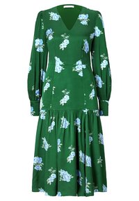 Robe verte à manches longues avec un col en V, imprimé floral de roses bleues et blanches, taille cintrée et jupe évasée et froncée.