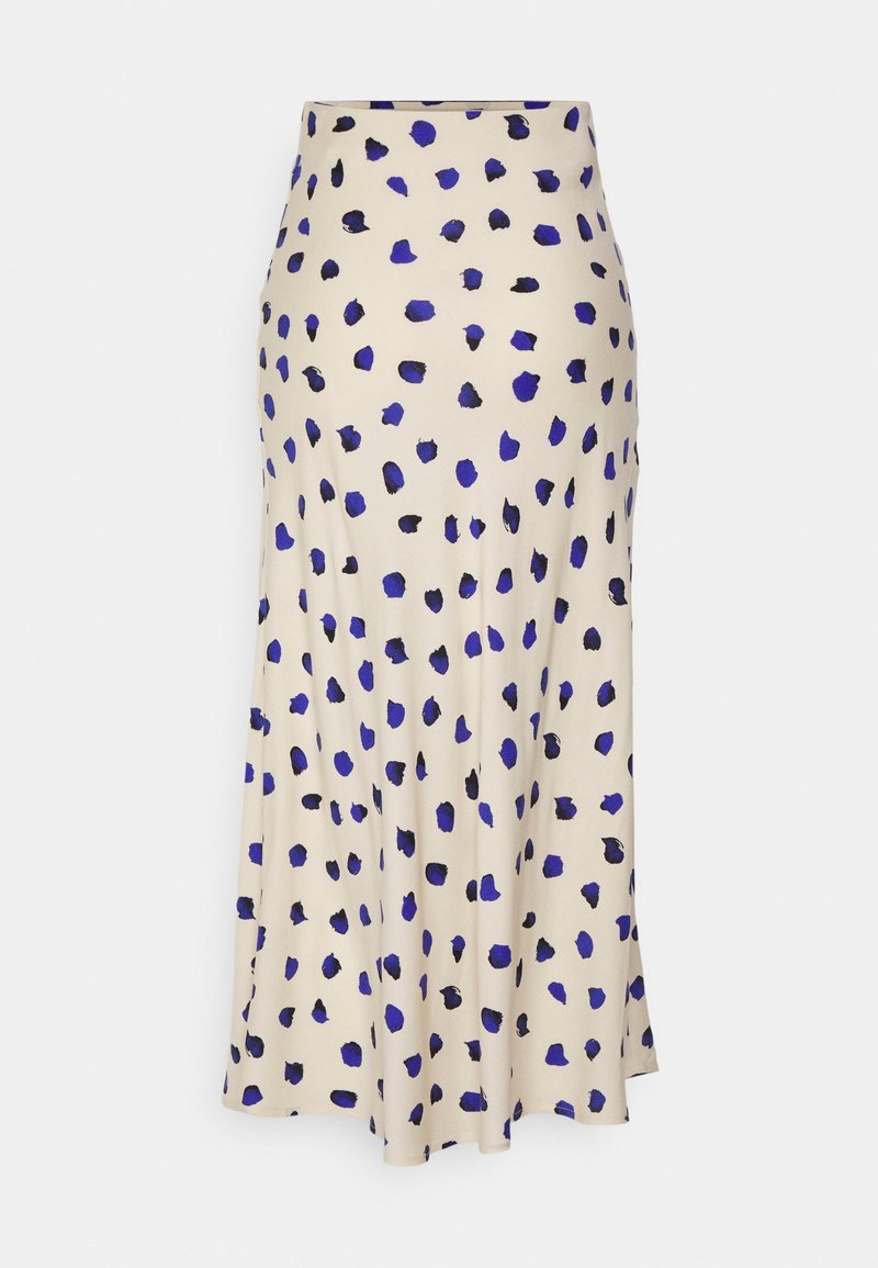 Jupe midi en tissu beige avec motif abstrait de points bleus et noirs. Caractérisée par une taille ajustée et une silhouette évasée pour faciliter les mouvements.