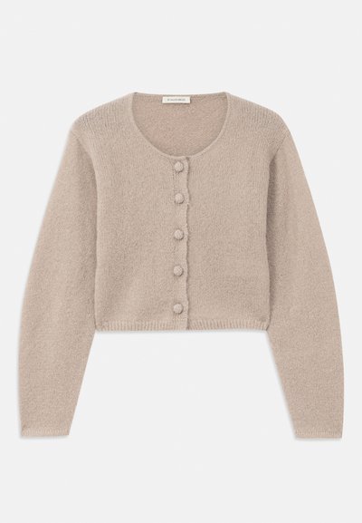 Beige cropped cardigan with a round neckline, five round buttons down the front, and long sleeves; made from a soft, textured fabric.