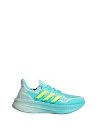 Baskets de course turquoise avec un dessus en mesh respirant, trois rayures jaunes, et une semelle épaisse et rembourrée pour un confort accru.