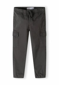 Donkergrijze cargobroek met elastische boorden, verstelbare taille en twee zijzakken. Glad stoftextuur, ontwerp tot halverwege de kuit.