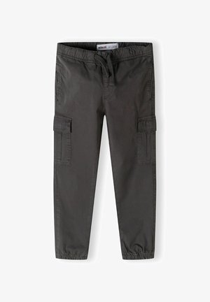 Ciemnoszare spodnie cargo z elastycznymi mankietami, sznurkiem w pasie i dwoma bocznymi kieszeniami. Gładka tekstura materiału, długość do połowy łydki.