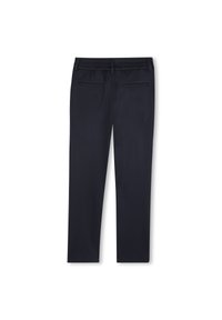 Calças azul-marinho escuras com textura suave, cós elástico e dois bolsos traseiros. Design de perna reta, sem padrões ou ferragens distintas.