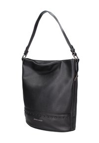 Borsa a spalla in pelle nera con una finitura testurizzata, caratterizzata da una forma rotonda, una cerniera laterale e borchie decorative vicino alla base.