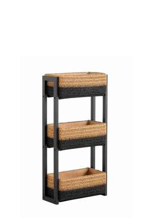 Scaffale portagiochi a tre livelli in metallo nero con cesti intrecciati nei colori naturale e nero su ogni ripiano.