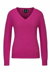 Svetr s V výstřihem v jasně růžové barvě, vyrobený z jemného materiálu. Má dlouhé rukávy, žebrované manžety a malý zlatý akcent na lemu.