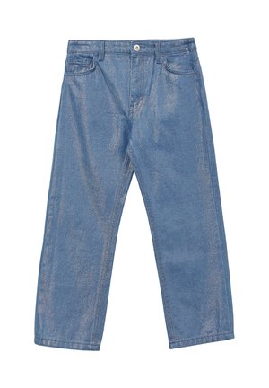 Pantalons en denim bleu avec une finition légèrement brillante, présentant un design classique à cinq poches, une coupe droite et une fermeture à bouton en métal.
