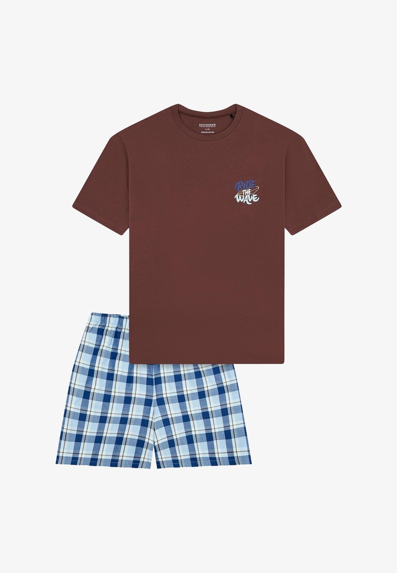 Braunes Baumwoll-T-Shirt mit dem Schriftzug "RIDE THE WAVE" in Blau und Weiß. Kombiniert mit karierten Shorts in Blau, Hell- und Dunkeltönen, mit elastischem Bund.