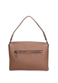 Borsa a mano in pelle color cuoio con texture liscia, manico superiore singolo e tasca frontale con zip dotata di hardware metallico. Design rettangolare semplice.
