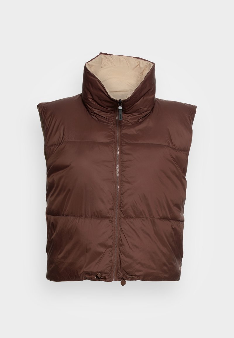 Brown, sleeveless puffer vest with a high collar, front zipper, padded sections, and a contrasting beige interior. Decorative drawstring at the hem.