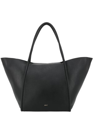 Sac fourre-tout en cuir noir à structure rigide, avec deux longues poignées et un petit logo doré "abro" au centre avant.