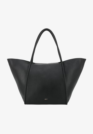 Sac fourre-tout en cuir noir à structure rigide, avec deux longues poignées et un petit logo doré "abro" au centre avant.