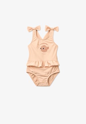 Virsikuvärviline ujumistrikoo volangide ja reguleeritavate paeladega ning keskel kalamustriga. Alumisel osal on klapiga sulgus.