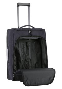 Rolkoffer van donkerblauwe stof met een uitschuifbare handgreep. Bevat een ruime binnencompartiment bekleed met zwarte stof.